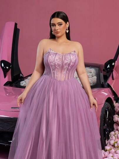 Faeriesty Elegant Strapless Formal Gown With Voluminous Tiered Ruffled Tulle Skirt & Sweep Train – Luxurious Sophisticated Design For Formal Evening Dinners, Wedding Guest Attire, Bridal Portraits, Red Carpet Events, Luxury Gala Occasions​