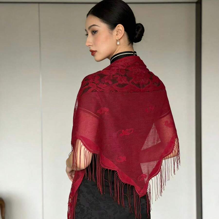 Spitzen-Dreieckiger Schal, Cheongsam Schal, leichter, atmungsaktiver Modeschal - Bordeaux - Übersicht 1