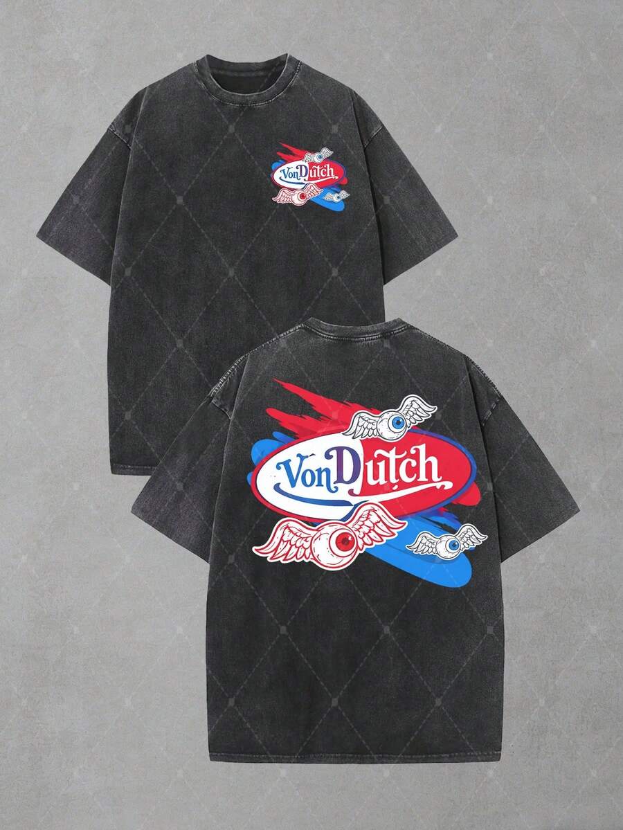 Van Dutch Eagle Skull Badge Graphic Men's Vintage Washed Oversized Crew Neck Short Sleeve T-Shirt - Lightweight Comfort Cotton For Daily Casual & Punk Outfits,  Gift For Gothic Fans, Camisas Para Hombre, Oversized Mens Shirt - màu đen - Xem 1