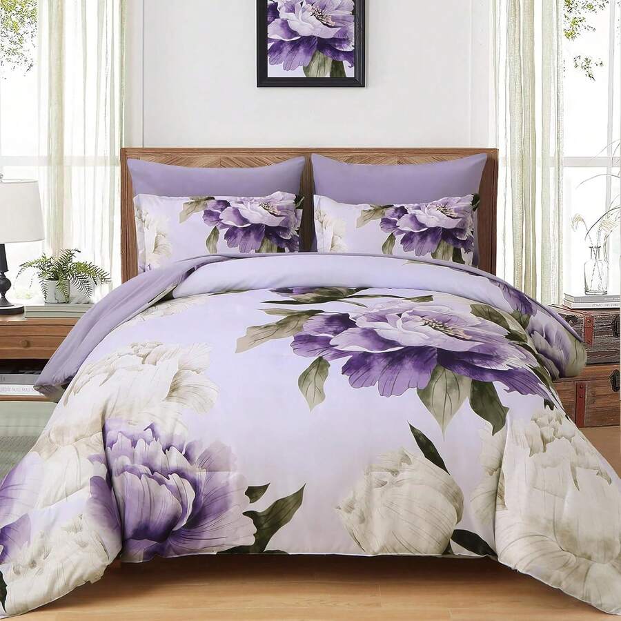 7 Piece Purple Floral Comforter Set Full/Queen/King Size Bed In A Bag, Blush Flowers Printed On Light Pink Comforter Set With Sheets, Soft Microfiber Botanical Bedding Set For Wedding Items,Home Bed Room Decor,Easter Gifts,Mothers Day Gift,All Season - Purple-090496 - 查看 1