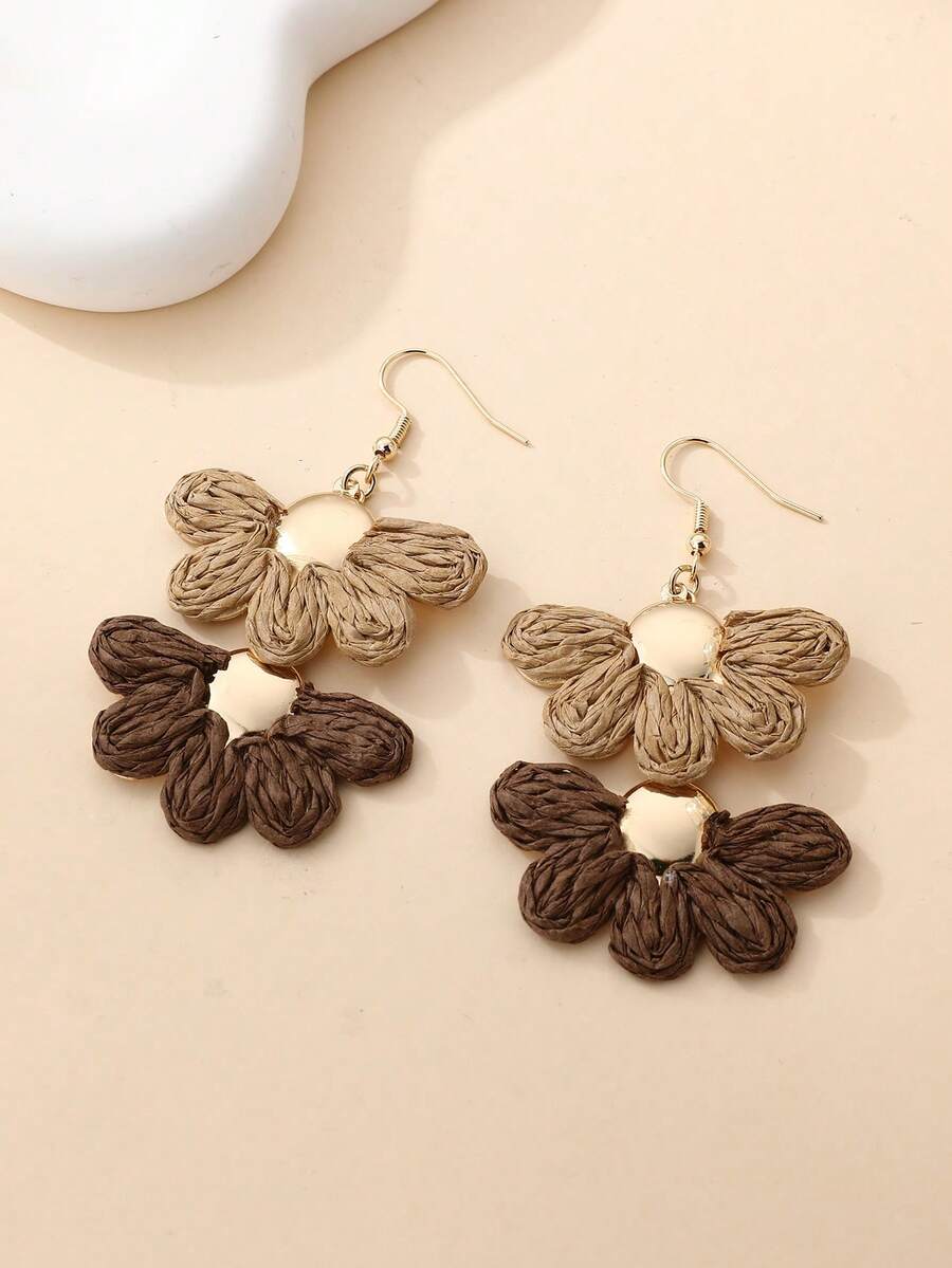1 Pair Original Handmade Bohemian Woven Earrings, Natural & Vintage Vibe, Lightweight & Graceful Floral Design, Suitable For Casual, Resort, Farmer's Market Outfits