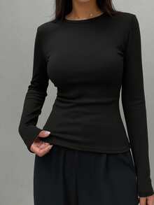 女士新款休闲修身圆领长款T恤，时尚百搭，舒适日常穿着，适合休闲度假。女士T恤上衣。春季黑色 - 黑色 - 查看 6