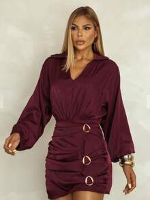 Elegant Women's Short Dress With Long Sleeves In Satin With Front Draping, Perfect For Winter, São João, Party, And Evening Wear. - 酒紅色 - 查看 1