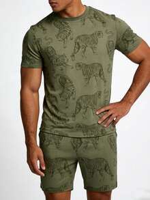 Men's Lightweight Summer Tiger Print Short Sleeve & Shorts Pajama Set, Stylish Home Wear - Army Green - View 3
