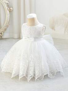 Baby Girls' Embroidered Sequin Mesh White Sleeveless Backless V-Neck Dress With Detachable Big Bow, Sweet Princess Dress Suitable For 1st Birthday, Party, Christening, Vacation, Formal Occasion, Flower Girl Wedding - trắng - Xem 3