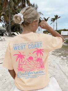 This Apricot-Colored Round Neck Children's T-Shirt Features A Creative Beach Print Design, Very Suitable For Girls And Slightly Older Children. It Is Suitable For School, Shopping, Street Style And Vacation Wear. - Apricot - View 2