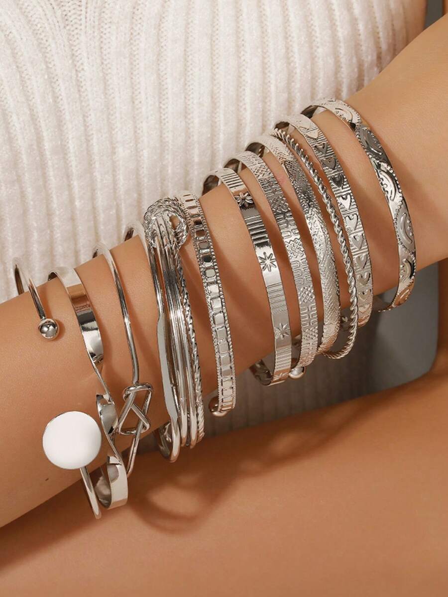 Bộ 12-7 chiếc vòng tay kim loại họa tiết trái tim dập nổi thời trang cá nhân hóa, vòng tay xếp lớp điều chỉnh được phong cách Bohemian dành cho nữ. - Bạc - Xem 1