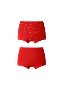 Annil [3A Grade Antibacterial] Girls' Red Underwear Boxer Briefs, Two-Pack, 2026 Spring/New Year Style - Combination 01 (Red and Yellow Flowers + New Year Red) - View 2