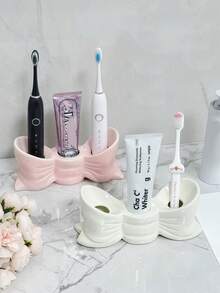 1pc White & Pink Bow Toothbrush Holder, 3-Slot Independent Bathroom Countertop Storage Rack, Multi-Function Toothbrush & Toothpaste Organizer, Durable & Elegant Home Decor Accessory, Fashionable Bathroom Supplies - Multicolor - View 2