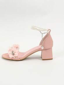 Women's High Heel Sandals With Pearl Strap, Round Toe Floral Wedding Party Shoes - Pink - View 6