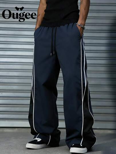 Quần nỉ ống rộng nam Ougee 1 chiếc | Chất liệu nhẹ, thoáng khí | Sọc bên hông tương phản và dây rút eo | Dáng rộng, cỡ lớn | Phù hợp cho phong cách đường phố, hip-hop và mặc thường ngày | Cần thiết cho phong cách đường phố Y2K