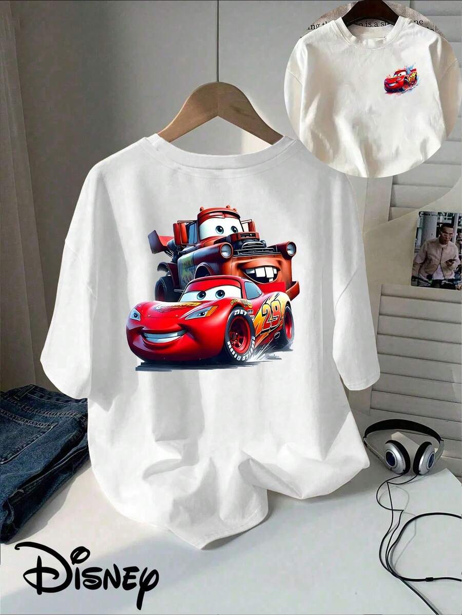 Disney Official Licensed Lightning McQueen & Mater Race Car Print 220g Cotton Crew Neck Unisex Tee - 白色 - 查看 1