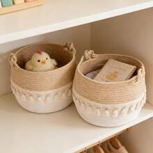 Decorative Rope Basket Boho Nursery Decor Small Cute Woven Tassel Closet Storage Bins Organizer For Toys, Shower, Gift Basket, Round Indoor Tree Pot Cover - Multicolor - View 6