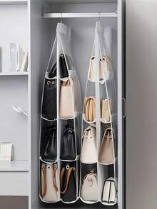 6/8 Compartment Space-Saving Storage Bag, Multi-Layer Hanging Wallet/Purse Organizer Rack, Suitable For Wardrobe/Closet, Foldable Design For Easy Storage When Not In Use, Portable, Applicable For Bedroom, Living Room, Hallway, Wardrobe, Closet Or Shelves, Organizing & Decorative - 米色 - 查看 9