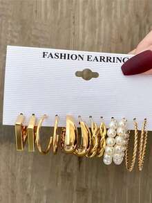 6 Pairs Minimalist Elegant C‑Shape Faux Pearl Metal Earrings, Gold Fashion Jewelry - Multicolor - View 1