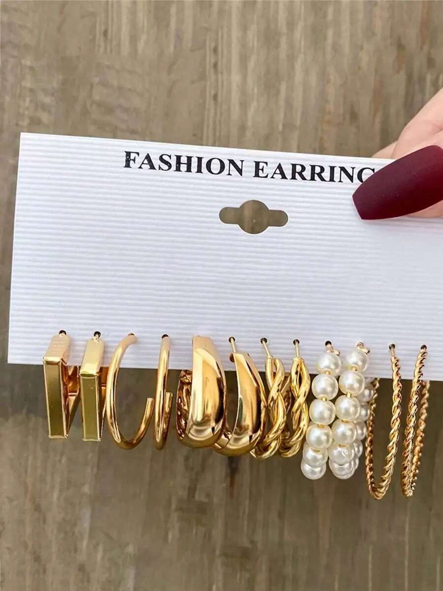 6 Pairs Minimalist Elegant C‑Shape Faux Pearl Metal Earrings, Gold Fashion Jewelry - Multicolor - View 1