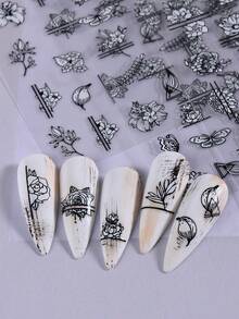3片装 3D 黑白线条花朵花瓣美甲贴纸 DIY 牡丹百合燕子蝴蝶自粘贴纸滑块 春夏美甲装饰沙龙美甲用品美甲贴纸 - 黑與白 - 查看 7