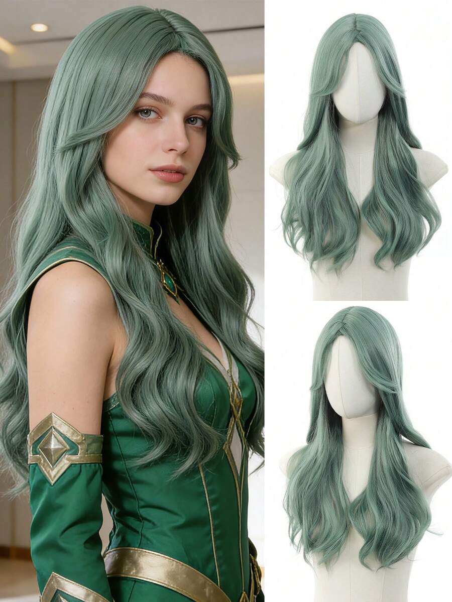 女士绿色长卷发动漫角色扮演假发，采用耐热高温纤维制成，适合派对、学校嘉年华、音乐会、度假摄影、复活节主题活动、动漫展、圣帕特里克节等场合佩戴。 - 綠色 - 查看 1