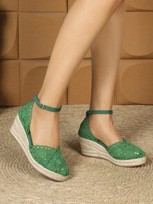 Women's Linen Rope Platform Lace Slip-On Hollow Out Round Toe Casual Breathable Thick Bottom High Heel Woven Sandals, Versatile Fisherman Sandals - Green - View 5