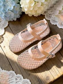 女童网眼芭蕾平底鞋 – 渔网玛丽珍平底鞋，透气时尚芭蕾舞鞋 - 粉色 - 查看 5