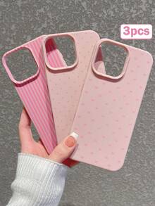3pcs Set Soft Faux Leather Texture Bowknot/Stripe/Polka Dot Phone Case, Cute Girly Aesthetic Design, Shock-Resistant Protective Cover Compatible With IPhone & Galaxy - Multicolor - View 1