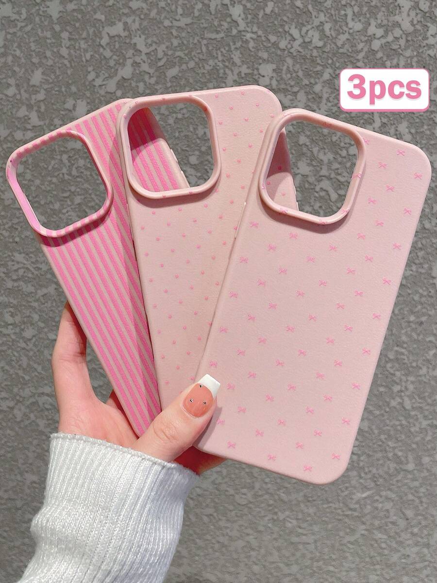 3pcs Set Soft Faux Leather Texture Bowknot/Stripe/Polka Dot Phone Case, Cute Girly Aesthetic Design, Shock-Resistant Protective Cover Compatible With IPhone & Galaxy - Multicolor - View 1
