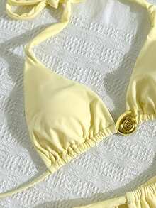 泳装两件套，几何图案，热带花卉印花，休闲可爱，优雅性感，波西米亚风，系带比基尼，沙滩度假，春夏季节，女士套装，沙滩装，女士比基尼 - 黃色 - 查看 4