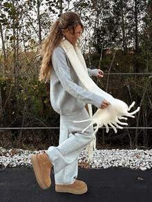 Mejors Women's Casual Cute 2-Piece Set, Y2K Street Style Solid Color Knit Sweater Top And Knit Pants Set, Warm And Comfortable Loungewear, Suitable For Daily Wear, Back To School, Autumn/Winter Outings, As Well As Christmas, Valentine's Day, New Year And Other Holidays - Grey - View 5