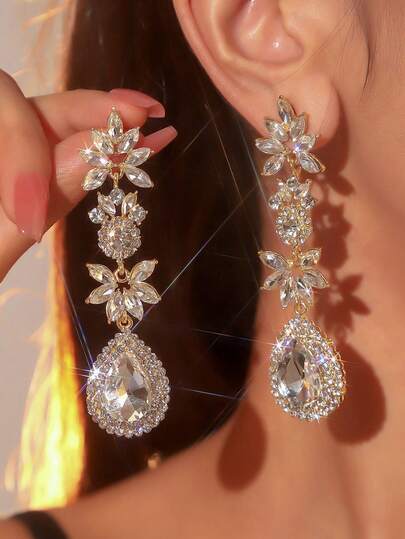 rundraw 2pcs New Fully Rhinestoned Floral Teardrop Tassel Exaggerated Luxurious Metal Gold Pendant Earrings, Suitable For Banquet, Party, Wedding, Engagement, Daily Outfit Accessories, Best Gift For Friends And Loved Ones On Holidays And Anniversaries