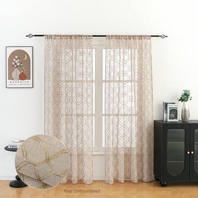 1pc/2pcs Delicate Embroidered Sheer Curtain With Geometric Four-Leaf Clover Pattern, Semi-Transparent Home Window Decor, Room Decoration