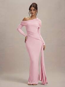 Elegant Solid Color Asymmetric Neck Ruched Formal Dress, Suitable For Wedding, Formal Dinner Party - Pink - View 3