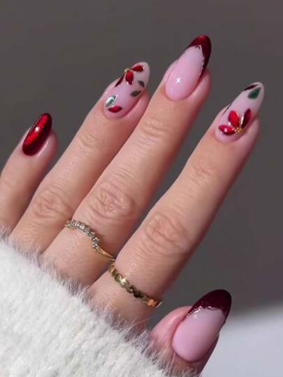 30pcs Almond Glossy Burgundy Cat Eye French Tip Floral Elegant Small Pearl Reusable Press-On Nails, Includes 1pc Jelly Gel And 1pc Nail File, Suitable For Daily Commute, Dates And Other Occasions As Temporary Manicure