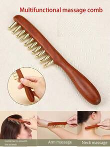 1pc Copper-Wood Composite Massage Comb, Acupoint Massage Scraping Gua Sha Tool, Promotes Hair Growth, Scalp Relaxation, Deep Tissue Massage Tool, Multi-Functional Handheld Head Massager, Acupoint Contact Massage, Also Suitable For Full Body Deep Massage - Redwood - View 1