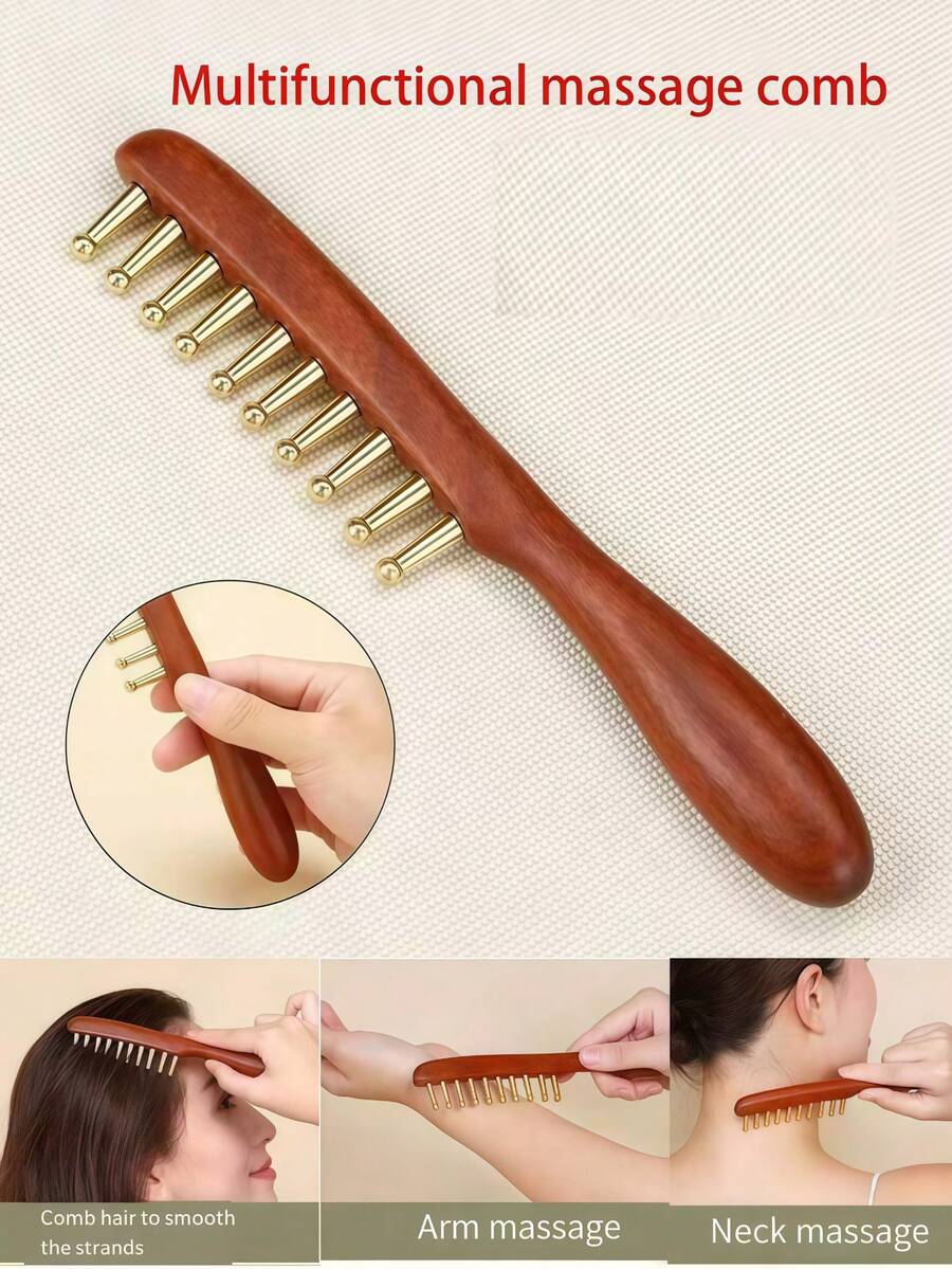 1pc Copper-Wood Composite Massage Comb, Acupoint Massage Scraping Gua Sha Tool, Promotes Hair Growth, Scalp Relaxation, Deep Tissue Massage Tool, Multi-Functional Handheld Head Massager, Acupoint Contact Massage, Also Suitable For Full Body Deep Massage - Redwood - View 1