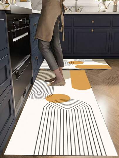 1/2 件装极简几何印花厨房地垫，长方形可水洗地毯，适用于客厅、卧室、书房、浴室、淋浴间、厨房、阳台、玄关、室内装饰，四季皆宜