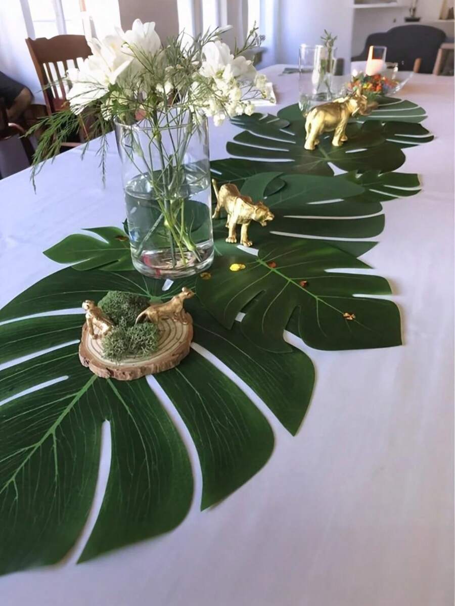 20/10/1片人造热带棕榈叶装饰，棕榈叶龟壳叶 - 丛林海滩主题，夏季派对桌面装饰，无需电源，鲜艳的绿色和黄色设计，适合户外/室内派对、海滩主题装饰、派对桌面装饰，外观自然