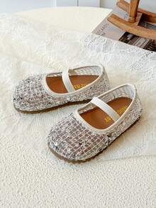 Children's Fashion Versatile Sequin Design Flat Shoes, Girls' Spring/Summer/Autumn New Princess Shoes, Toddler Soft Bottom Comfortable Slip-On Elastic Band Breathable Mesh Shoes - Beige - View 5