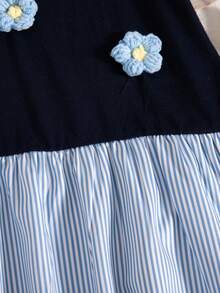 Vestido de manga corta hasta la rodilla con estampado de rayas y flores en parches, para niñas, primavera/verano - Azul - Ver 8