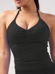 DINBEY Women's Yoga Workout Sleeveless Tank Top, Elastic & Breathable Fitness Shirt - Black - View 3