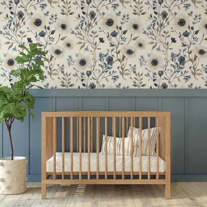 Cream Anemone Floral Wallpaper, Navy Accent Vintage Botanical, Light Academia Cottagecore Decor Removable Peel And Stick, Prepasted, Vinyl