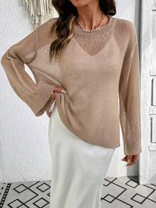 Solid Color Casual Women Round Neck Sheer Loose Long Sleeve Pullover Sweater - Khaki - View 1