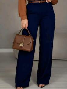 Women's Wide Leg Tailored Trousers With High Waist, Simple Zipper, Pockets, Sizes PP To GG, Office, Formal Evening And Night Wear, Modern Winter, Premium Textured Fabric - 藏蓝色 - 查看 2