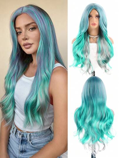 Ombre Green Grey Wig For Women 26 Inch Long Wavy Colored Wigs Free Part Soft Natural Look For Women Versatile Styling Options For Cosplay Daily Party Use Heat Resistant Fiber Hair School Halloween Christmas New Year Carnival Music Festival Wigs High Density Fake Hair