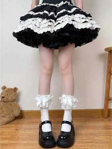 1双洛丽塔多层蕾丝法式中筒袜，白色/黑色蝴蝶结堆袜，芭蕾舞风格日式JK小腿袜 - 彩色 - 查看 4