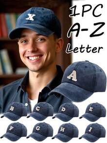 1 Pc A-Z Letters Men's Couple Woman's Stylish Vintage Wash Baseball Cap New Design Casual Street Versatile Sun Protection Visor Hat Breathable Sweat-Absorbing Outdoor Sports Cap - Dark Blue - View 1
