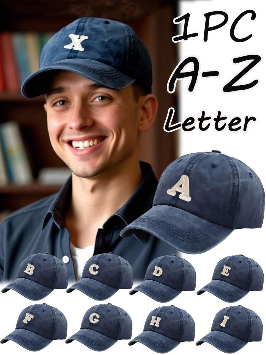 1 Pc A-Z Letters Men's Couple Woman's Stylish Vintage Wash Baseball Cap New Design Casual Street Versatile Sun Protection Visor Hat Breathable Sweat-Absorbing Outdoor Sports Cap - Dark Blue - View 1