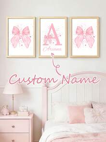3pcs Personalized Pink Ribbon Wall Art Poster Customized Name Children's Room Decor Inkjet Painting Pink Bow Sweet Style Modern Cute Hanging Picture Minimalist Apartment Bedroom Living Room Decor Baby Girl Birthday Gift Unframed - Pink - View 2