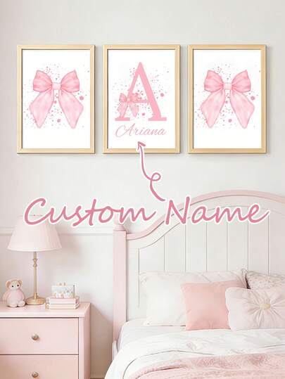 3-częściowy spersonalizowany plakat ścienny z różową wstążką, nadruk z imieniem, plama atramentu, różowa kokardka, nowoczesny nadruk, słodka dekoracja ścienna, minimalistyczna dekoracja salonu i sypialni, odpowiedni na prezent urodzinowy dla dziewczynki, idealny prezent dla niej/córki, bezramkowy