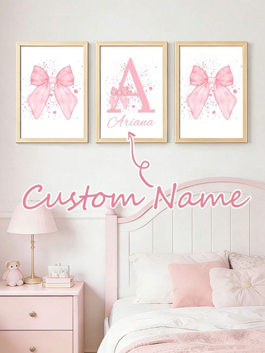 3pcs Personalized Pink Ribbon Wall Art Poster Customized Name Children's Room Decor Inkjet Painting Pink Bow Sweet Style Modern Cute Hanging Picture Minimalist Apartment Bedroom Living Room Decor Baby Girl Birthday Gift Unframed