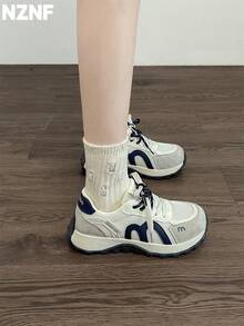 NZNF 2025新款白色厚底运动鞋，复古低帮厚底鞋，女士休闲百搭鞋款 - 藍色 - 查看 5